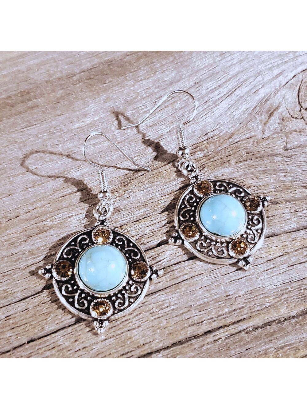 Topaz Crystal Turquoise Blue Stone Silver Dangle Earrings